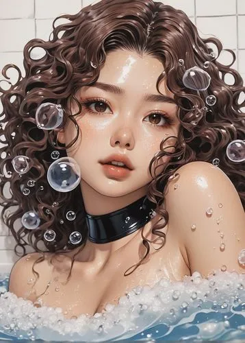 wet water pearls,water pearls,watery,bath,water nymph,bathtub,Illustration,Japanese style,Japanese Style 11