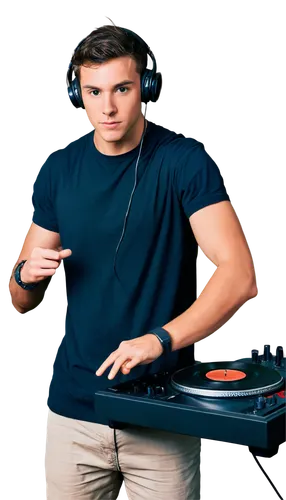 DJ, male, young adult, energetic, dynamic pose, headphones, microphone, vinyl records, DJ console, flashing lights, nightclub setting, dark background, spotlight on face, serious expression, hands mov