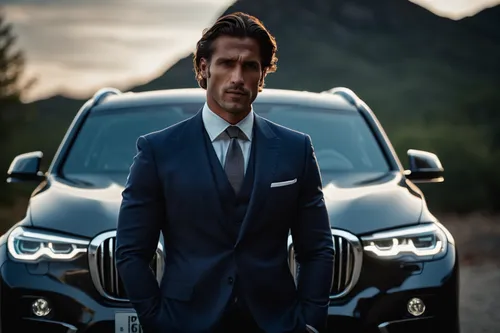 A man wearing a suit stands in front of a bmw Suv, in the style of intense chiaroscuro portraits, luxurious interiors, polished concrete, mechanical designs, strong facial expression, dotted, 32k uhd，