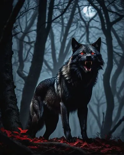 devil wolf, muscular male, demonic eyes, sharp fangs, black fur with red undertones, glowing red markings on forehead, strong jawline, ears pointed upwards, fierce howling, full moon night, dark fores