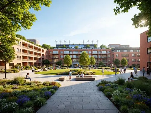 Vibrant community center, soccer stadium backdrop, social housing complex, modern architecture, green roofs, solar panels, wind turbines, water conservation systems, eco-friendly materials, innovative