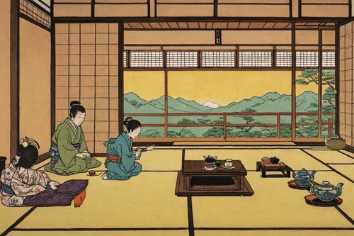 tea ceremony,japanese-style room,cool woodblock images,ryokan,tatami,woodblock prints,ikebana,kaiseki,gyokuro,japanese culture,japanese tea,japanese art,tsukemono,tea zen,horumonyaki,mukimono,japanese-style,men sitting,japanese tea set,oriental painting,Illustration,Vector,Vector 15