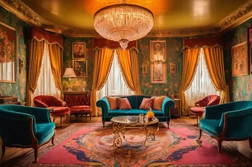 Vintage 1930s home interior, luxurious living room, wooden floor, intricate rug patterns, velvet sofa, antique armchair, ornate coffee table, crystal chandelier, Art Deco wallpaper, golden picture fra