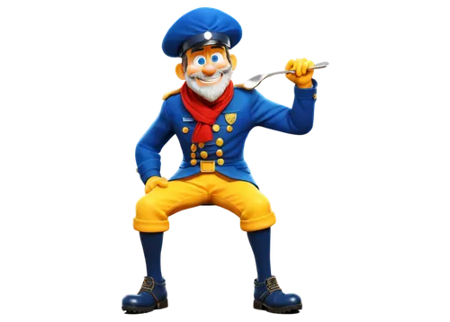 Captain Crunch, cartoon character, yellow skin, blue eyes, white hat, red scarf, navy blue uniform, golden epaulets, holding a spoon, smiling face, shiny teeth, detailed wrinkles, sitting pose, 3/4 co