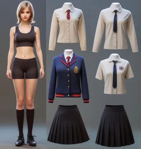 Paper doll British 16 year old schoolgirl in black sleeveless shirt ,black tight fit spandex shorts with black sock and black shoe standing surrounded by with a set of british school uniform, shirt, g