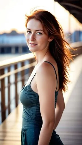 a woman posing with her arms crossed next to a bridge,celtic woman,redheads,redhead,epica,triss,aislinn