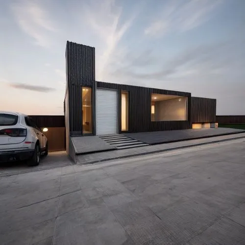 FACADE OF HOUSE WITH ENVELOPE OF BLACK SHEET PLATED WITH A MOUNTAIN SEEN FROM BEHIND AT SUNSET WITH LIGHTS ON
THE FRONT HAS GRAVEL TO MARK THE ENTRANCE
,dunes house,modern house,modern architecture,cu