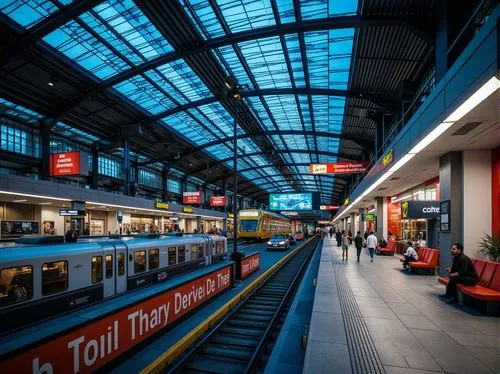 Vibrant train station, modern architecture, steel beams, glass ceilings, urban landscape, busy atmosphere, rush hour, fluorescent lighting, concrete floors, metal railings, industrial materials, bold 