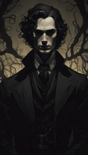 Create a dark and mysterious man  picture.,nevermore,baskerville,darkling,moriarty,heathcliff,lestrange,pureblood,count dracula,lestat,riddlesworth,black crow,vampyr,severus,carnacki,gothic portrait,h