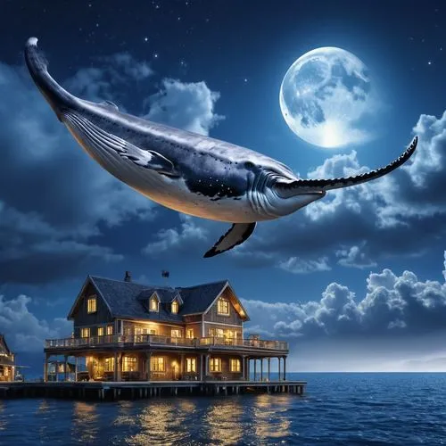 blue whale,bourequat,liopleurodon,fantasy picture,requin,a flying dolphin in air,blue moon,dreamscapes,dolphin background,lanternshark,great white shark,dusky dolphin,nightflight,sea night,wyland,ballenas,sea swallow,house of the sea,photo manipulation,marine reptile,Photography,General,Realistic