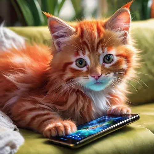 ginger kitten,palm kitten,cute cat,orange tabby cat,ginger cat,kitten,orange tabby,holding ipad,cartoon cat,mobile tablet,maincoon,felo,red tabby,kittenish,cat image,cat on a blue background,tabby kitten,blossom kitten,mobile gaming,kittu,Illustration,Realistic Fantasy,Realistic Fantasy 37