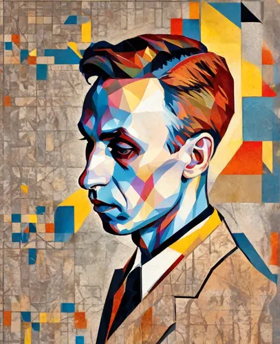 portrait in the style of polygonal painting in the mosaic style of Alexander Deineka, the face is also divided into color polygons,ernő rubik,popart,daniel craig,tesla,frank sinatra,yuri gagarin,wpap,