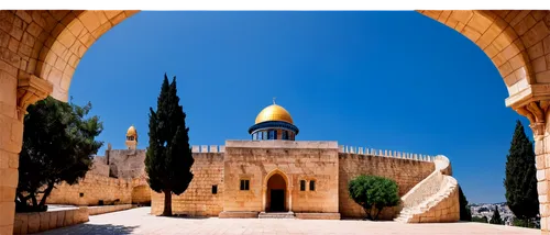 Israel flag, Jerusalem scenery, ancient stone walls, dome-shaped architecture, vibrant blue sky, bright sunlight, warm beige tones, intricate mosaics, ornate lamps, historic landmark, panoramic view, 