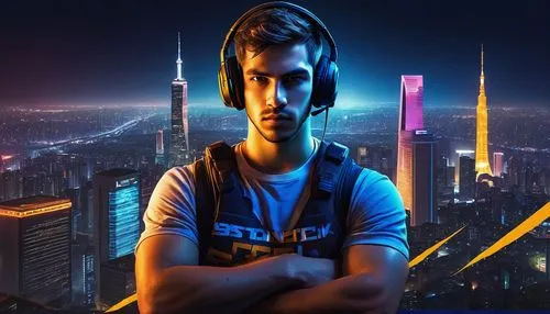 CSGO poster, competitive esports scene, dramatic lighting, intense atmosphere, professional gamer, young adult male, focused facial expression, sharp jawline, messy short hair, gaming headset, branded