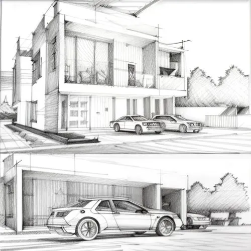 house drawing,automotive design,3d rendering,street plan,houses clipart,illustration of a car,garage,automotive exterior,half frame design,residential house,architect plan,porsche 928,modern architect