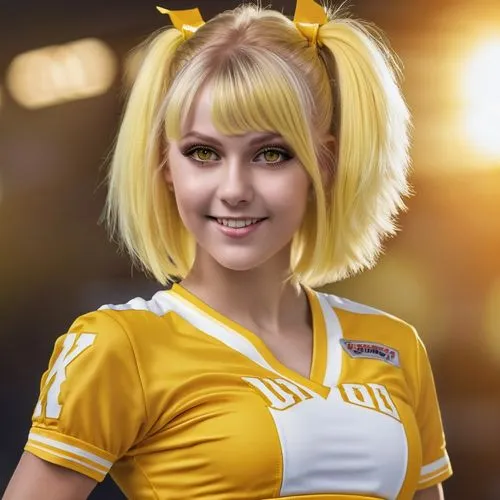 cheerleader,cheerleading uniform,pubg mascot,yang,honmei choco,fennec,ammo,sports uniform,cheer,sports jersey,cosplay image,cheering,sports girl,tiber riven,ram,toori,yuzu,aurora yellow,yellow background,bumblebee,Photography,General,Realistic