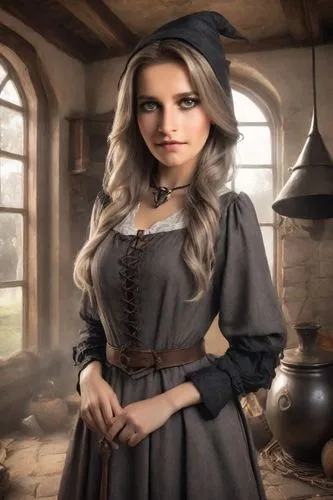 nelisse,narcissa,headmistress,kirtle,cosette,dirndl,innkeeper,petrova,gretel,nessarose,schikaneder,schoolmistress,the witch,housemaid,barmaid,girl in a historic way,wench,vasilisa,girl in the kitchen,fraulein,Photography,Realistic