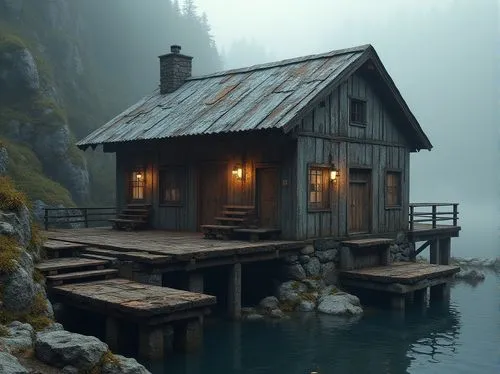 Rustic boathouse, weathered wooden planks, rough-hewn stone walls, corrugated metal roofs, rugged industrial textures, distressed concrete foundations, worn wooden docks, moody atmospheric lighting, m