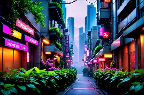 shinjuku,tokyo,hong kong,alleyway,tokyo city,alley,colorful city,taipei,tokyo ¡¡,shanghai,osaka,kowloon,shibuya,neon arrows,neon lights,ginza,fantasy city,hk,street canyon,neon,Conceptual Art,Sci-Fi,Sci-Fi 26