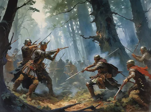 Create a thrilling battle scene in a dark forest using Magic: The Gathering.,hunting scene,forest workers,heroic fantasy,game illustration,swordsmen,animals hunting,massively multiplayer online role-p