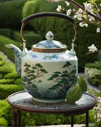 Describe an elegant Asian teapot in a peaceful garden.,fragrance teapot,asian teapot,chinese teacup,tea zen,vintage teapot,junshan yinzhen,japanese tea,flowering tea,baihao yinzhen,tureen,tea service,