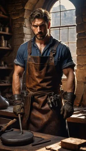 Male, muscular, armor maker, rugged facial features, short beard, messy hair, leather apron, metalworking gloves, hammer in hand, intense gaze, workshop background, dim lighting, wooden workbench, var