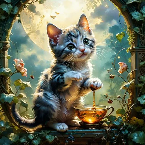 tea party cat,fantasy picture,kittani,cat drinking tea,tabby kitten,cute cat,Conceptual Art,Fantasy,Fantasy 05