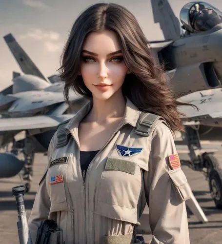 model headshot，Women's Fashion，
American Minimalism,a girl with a hat and military uniform standing next to an aircraft,servicewoman,usaf,iriaf,sukhoi,aircrew,jetfighter,Photography,Realistic