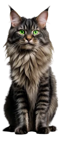 Grey and black Maine Coon cat, majestic whiskers, bright green eyes, fluffy fur, muscular body, sitting pose, front paws together, realistic texture, soft focus, warm lighting, 3/4 composition, shallo