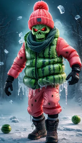 An ice zombie standing in the air, made of watermelon, transparency, wearing a down jacket, beanies, scarf, mittens, earmuffs, ,frozen vegetables,minion hulk,winter clothing,gnome ice skating,cold win