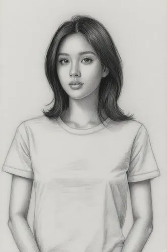 黑色头发，衬衫,a woman with her arms folded in front of her,girl drawing,girl in t-shirt,girl sitting,girl portrait,girl in a long,portrait of a girl,Illustration,Black and White,Black and White 30