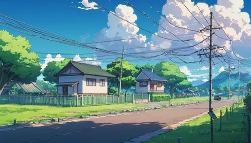 studio ghibli,summer day,atmosphere,neighborhood,violet evergarden,neighbourhood,summer evening,scenery,lonely house,spring morning,suburb,home landscape,summer sky,countryside,sunny day,roadside,my neighbor totoro,blooming field,little house,springtime background,Illustration,Japanese style,Japanese Style 03