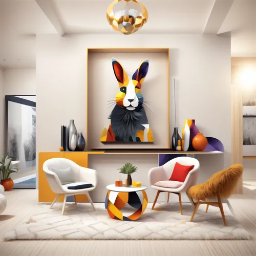 deco bunny,modern decor,whimsical animals,anthropomorphized animals,mid century modern,apartment,shared apartment,interior decor,livingroom,interior decoration,apartment lounge,decor,3d render,toy fox terrier,an apartment,autumn decor,contemporary decor,modern room,decorates,interior design