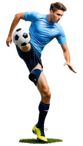 Soccer player, male, athletic, muscular, dynamic pose, kicking ball, white soccer jersey, blue shorts, Nike soccer cleats, black socks, shin guards, grassy field, afternoon sun, low-angle shot, dramat