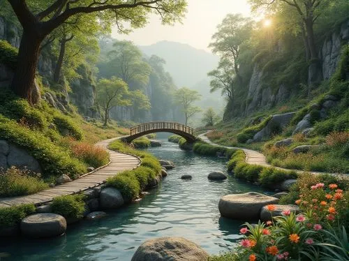 nature wallpaper,mountain spring,fantasy landscape,scenic bridge,nature landscape,wooden bridge,the mystical path,beautiful landscape,river landscape,japanese garden,pathway,landscape background,japan garden,hiking path,japan landscape,mountain stream,landscape nature,landscapes beautiful,shaoming,natural scenery,Photography,General,Realistic