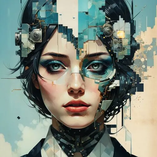  glitch disintegration effect, A collage portrait, A vintage-inspired collage featuring a split-faced cyborg. A grid, fragments, fragmentation, squares, Combine vintage 1920s elements with vintage por