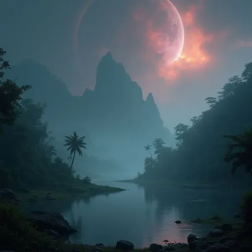 fantasy landscape,fantasy picture,landscape background,moon and star background,moonlit night,moonrise,world digital painting,dusk background,valley of the moon,moonesinghe,dusk,hanging moon,moonlit,serene,futuristic landscape,evening atmosphere,foggy landscape,lunar landscape,moon valley,moonsorrow,Conceptual Art,Sci-Fi,Sci-Fi 12