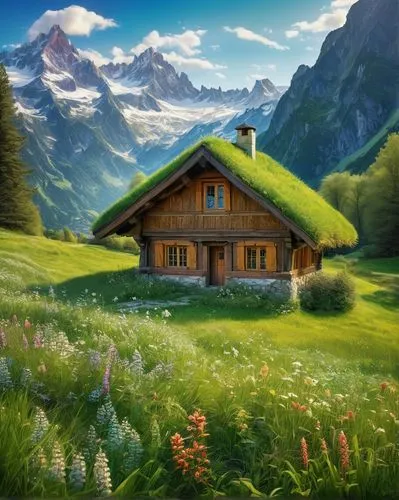 house in mountains,alpine hut,house in the mountains,mountain hut,home landscape,alpine village,the cabin in the mountains,swiss house,small cabin,lonely house,log cabin,small house,mountain huts,alpine meadow,little house,landscape background,meadow landscape,alpine pastures,mountain meadow,the alps,Conceptual Art,Fantasy,Fantasy 05