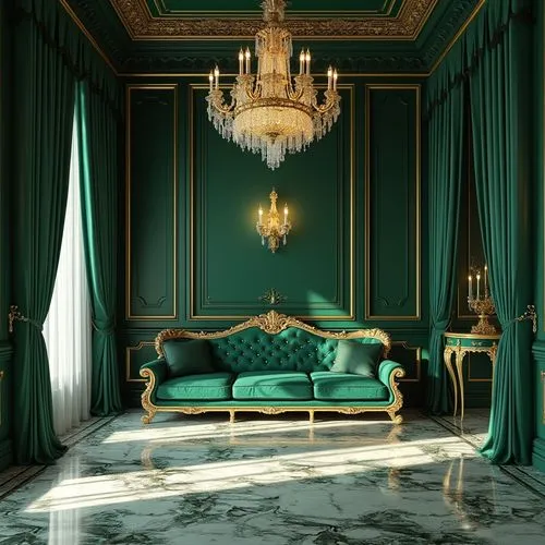 Luxury interior design, Malachite green, elegant, sophisticated, ornate gold accents, marble flooring, high ceiling, crystal chandelier, velvet sofa, intricately carved wooden furniture, lavish curtai