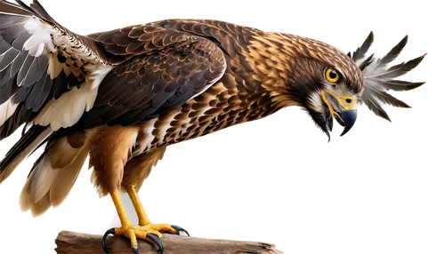 hawk, sharp talons, strong wings, feathers in shades of brown, golden eyes, hooked beak, perched, looking upwards, majestic, realistic, detailed textures, natural light, 3/4 composition, shallow depth