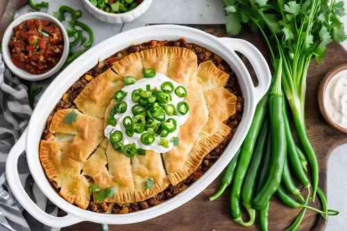 Vegan chili pot pie in a white enamel skillet with a bowl just served and garnished with vegan sour cream sliced green onion and fresh jalapeno slices,yellow leaf pie,steak and kidney pie,pot pie,tour