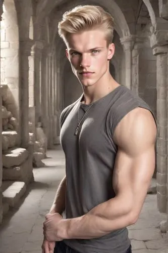 Young man, blond, blue eyes, muscular, hard and somewhat disdainful gesture, dark clothes. In a creepy castle.,A young man in a creepy castle,biceps,youngman,blondeman,creepycastle,Photography,Realist