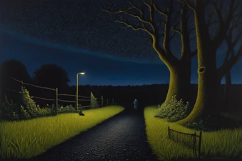 night scene,tree lined lane,forest road,empty road,carol colman,pathway,lee slattery,footpath,tree lined path,streetlight,andreas cross,james handley,street lights,black landscape,olle gill,hollow way,night highway,moonlit night,evening atmosphere,nightscape,Art,Artistic Painting,Artistic Painting 30