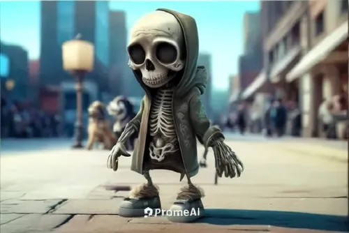 a skeleton standing on a sidewalk in the middle of the road,skelemani,skeleltt,skelid,skeletal,skelly,human skeleton