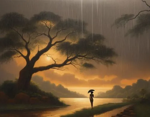 rain falling nude exotic looking far and away,a painting of a person holding an umbrella while walking in the rain,golden rain,walking in the rain,rainfall,monsoon,rainy season,rainswept,the sun and t