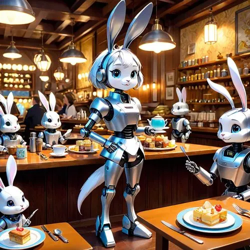 rabbits,bunnies,white rabbit,rabbit family,pub,diner,rabbits and hares,restaurant,deco bunny,female hares,waiting staff,bistro,gray hare,cafe,a restaurant,jack rabbit,waitress,café,ice cream parlor,fine dining restaurant,Anime,Anime,Cartoon