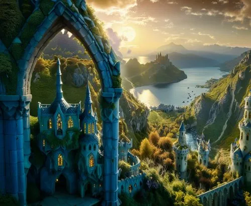 A green wizard sits next to his pupil the blue wizard to stare the magical valley where they live perhaps for the last time, down there the elfic elven blue castle in Lothlorien Rivendell style, beyon