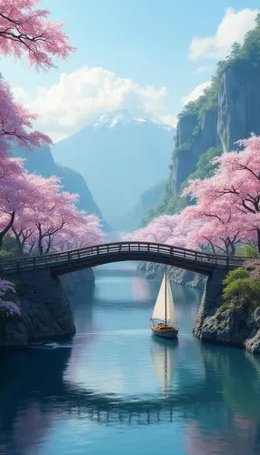 japan landscape,japanese sakura background,beautiful japan,scenic bridge,sakura background,landscape background