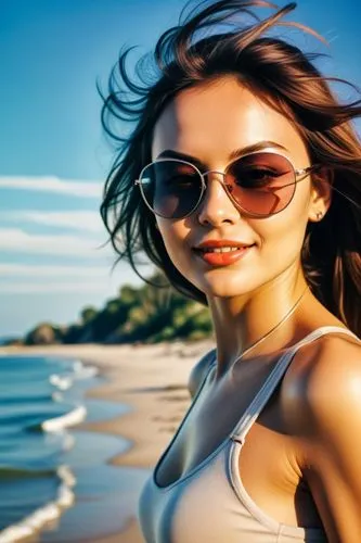 a beautiful woman in sunglasses standing on a beach,beach background,girl on the dune,portrait background,photographic background,creative background,landscape background