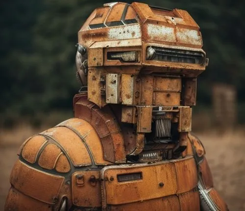 Cinematic photography, man in a spacesuit material, rust, grime, oil stains,droid,bb8-droid,droids,r2-d2,construction helmet,r2d2,beekeeping smoker,diving helmet,bot,scrap collector,beekeeper's smoker